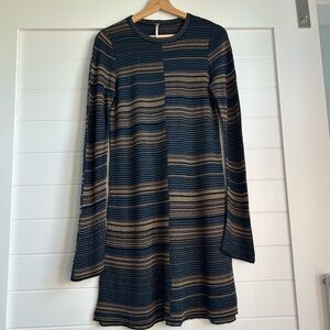 Free People Navy, Tan & Gold Striped Long Bell Sleeve Lightweight Sweater Dress